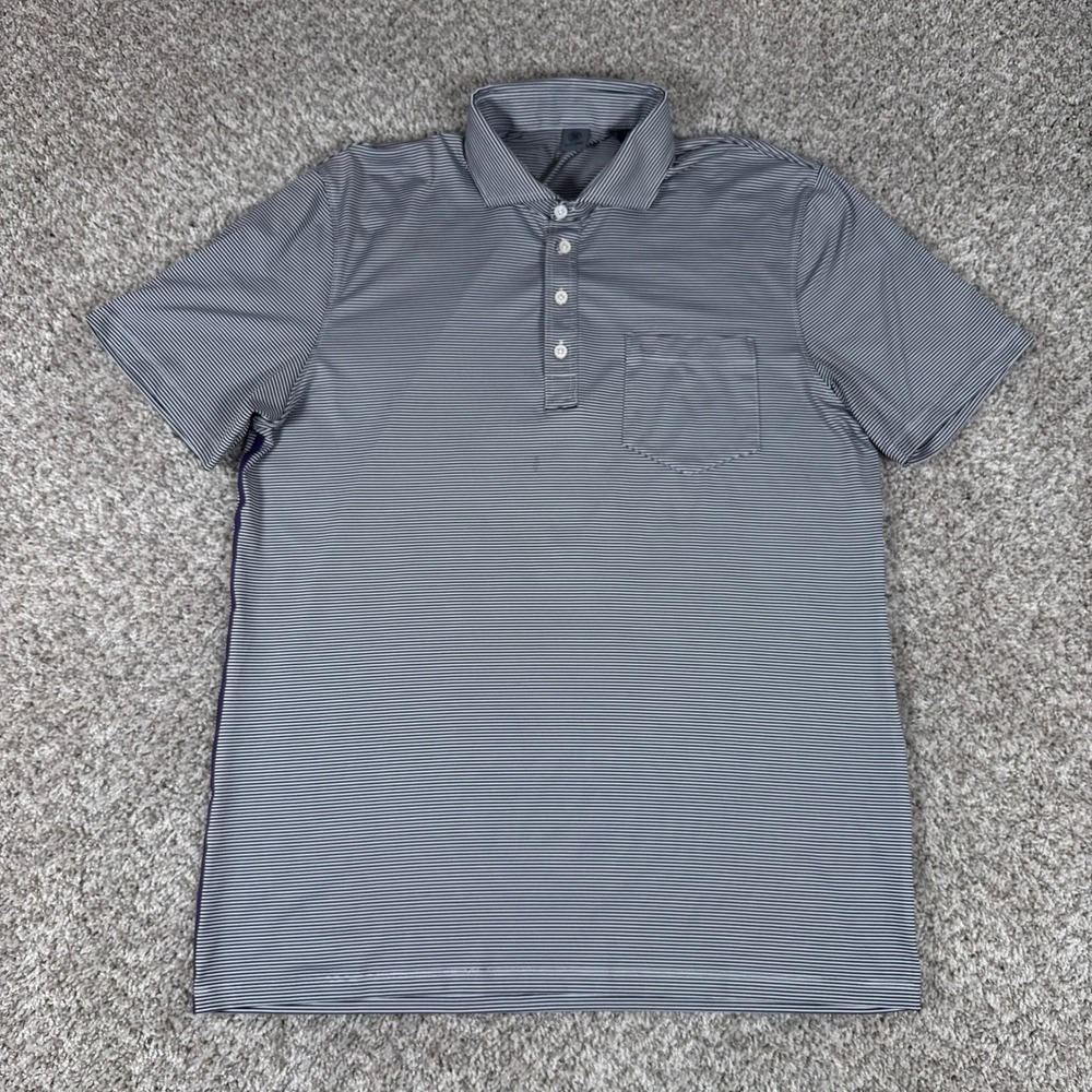 G FORE Polo Shirt Mens Large Navy White Striped Short Sleeve Pocket Golf Polo
